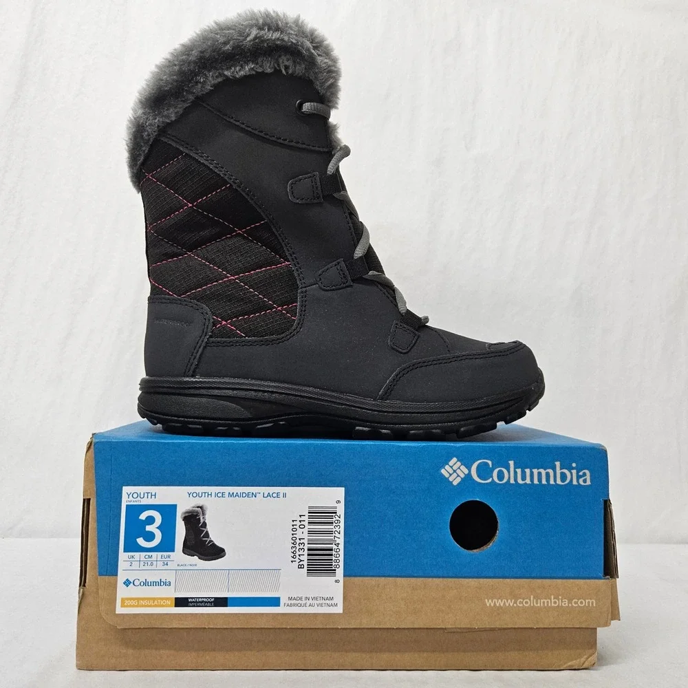 Columbia Ice Maiden Lace II Winter Boot Waterproof BY1331-011 Black Youth Size 3